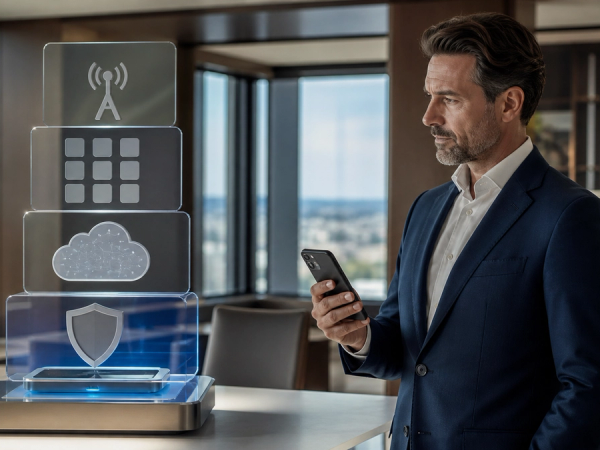 Executive smartphone security shown as device, cloud, app and communication layers