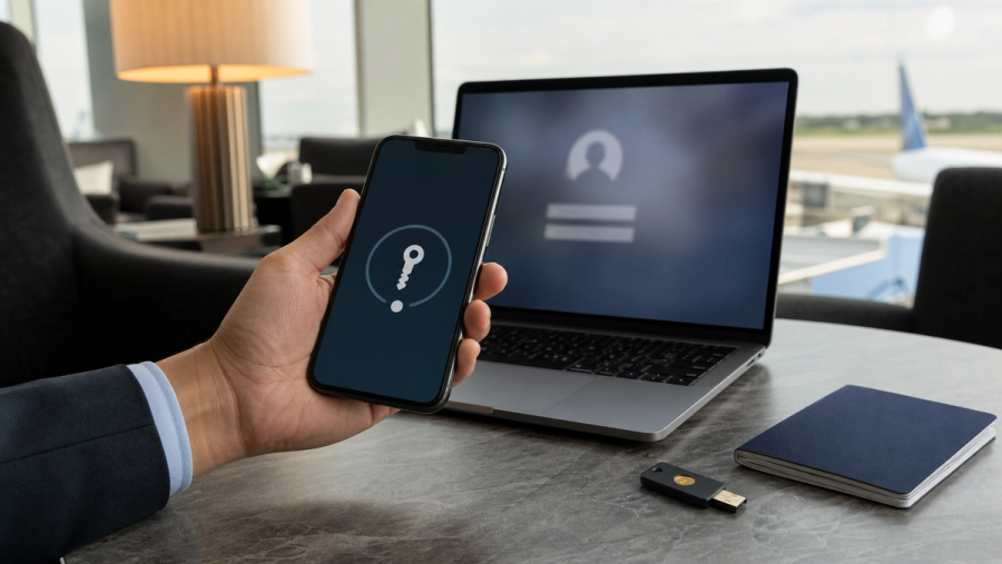 Executive comparing passkey security with a password login while travelling
