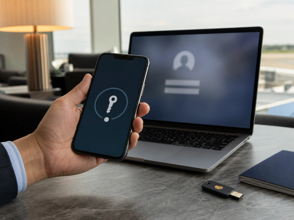 Executive comparing passkey security with a password login while travelling