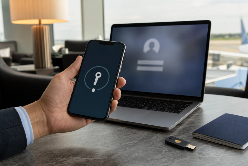 Executive comparing passkey security with a password login while travelling