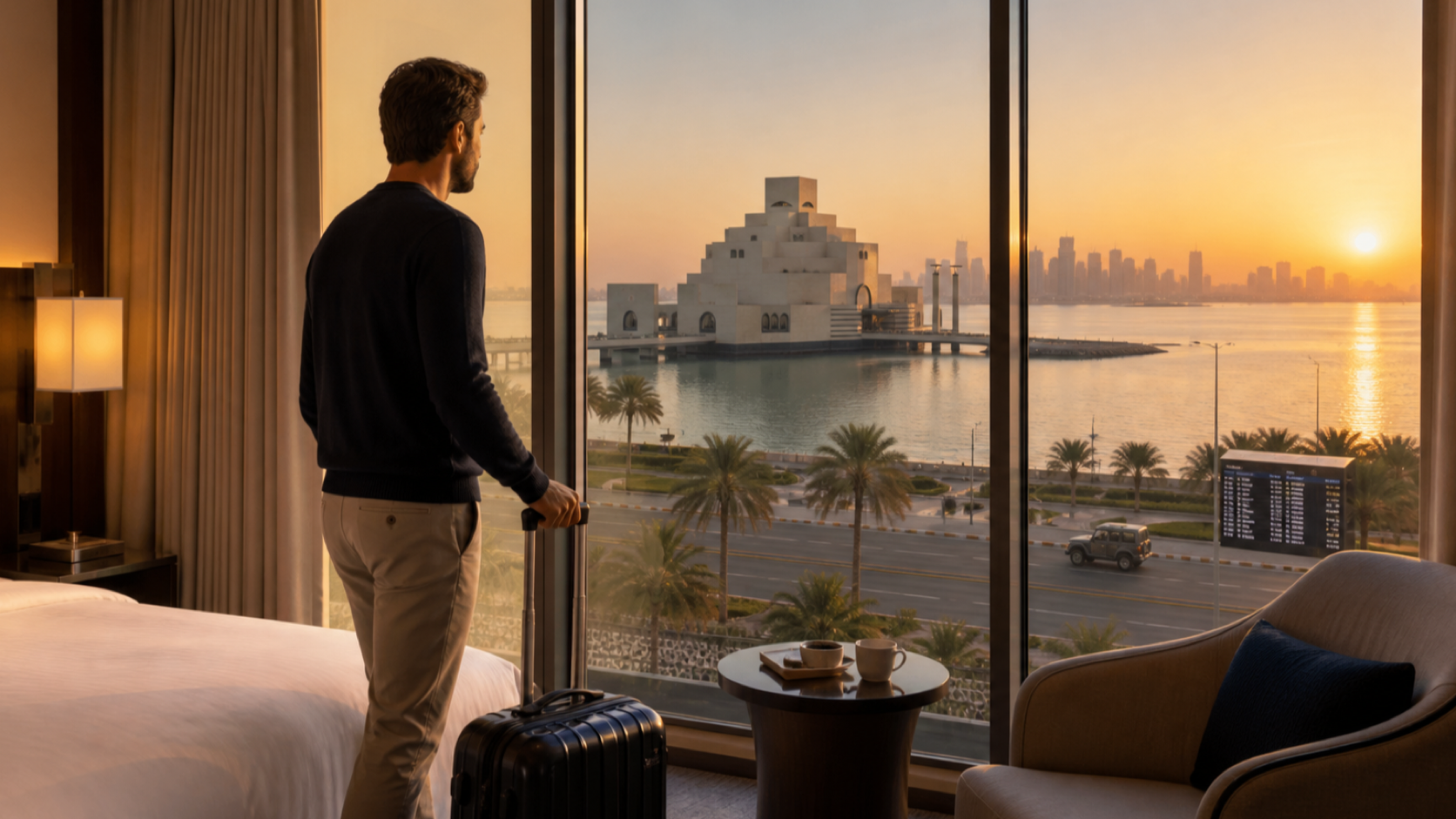 Traveller planning a Qatar stopover with hotel, visa and layover timing