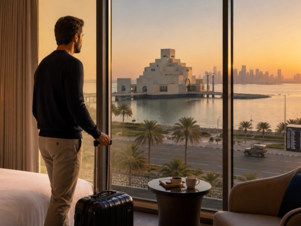 Traveller planning a Qatar stopover with hotel, visa and layover timing