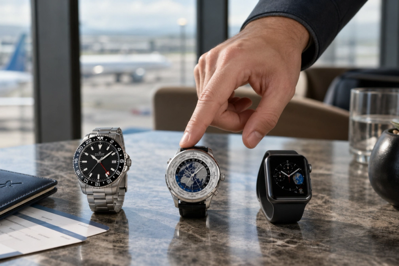 GMT watch world timer and smartwatch compared for frequent travel