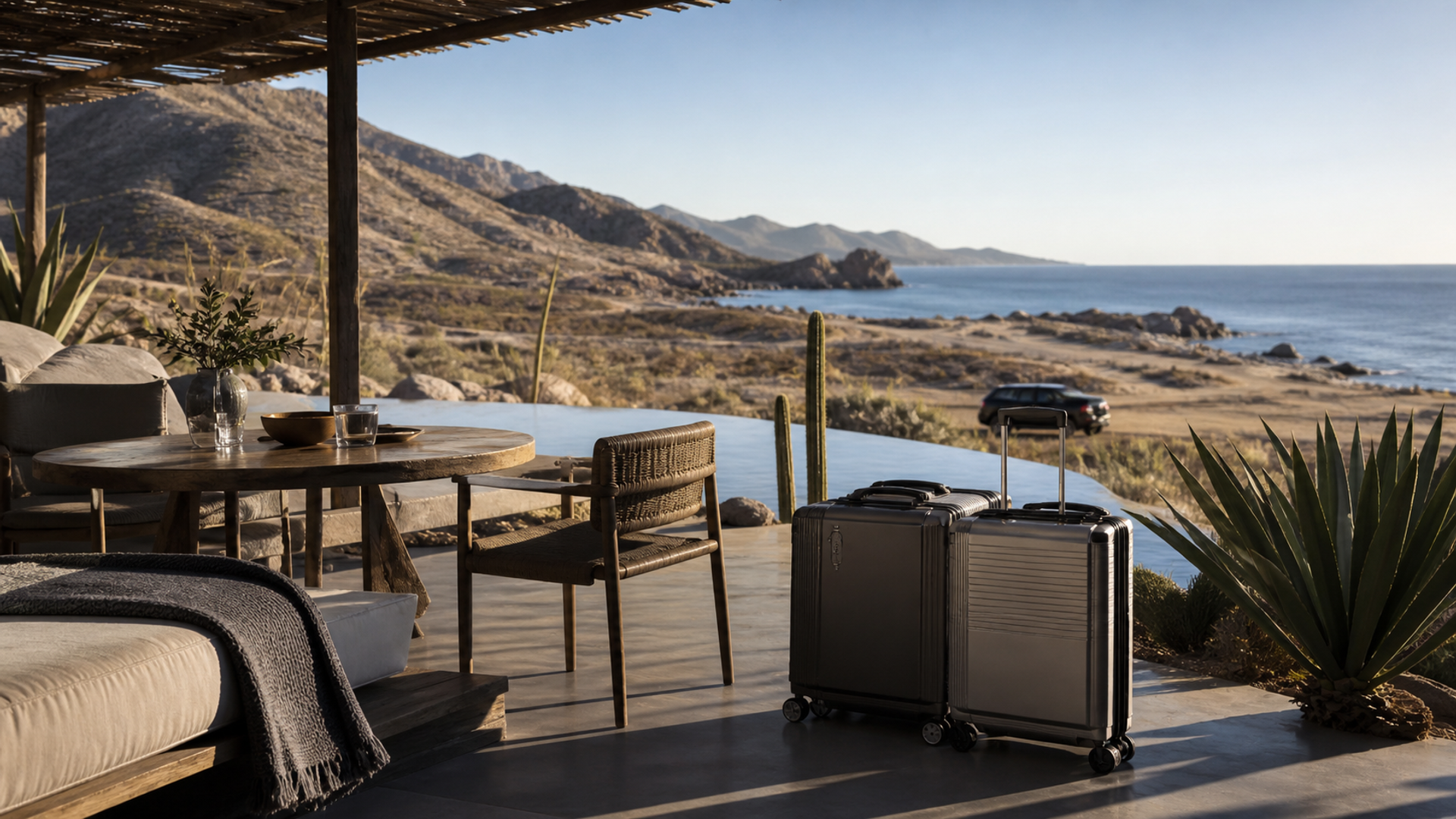 Luggage arriving at a secluded East Cape resort terrace overlooking the sea