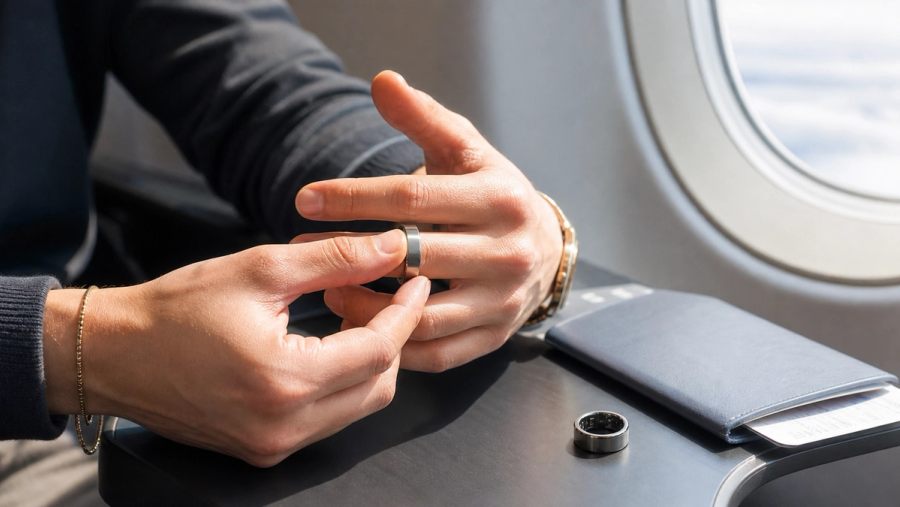 Traveller testing a smart-ring sizing sample beside an aircraft window