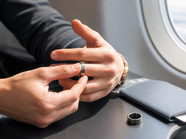 Traveller testing a smart-ring sizing sample beside an aircraft window