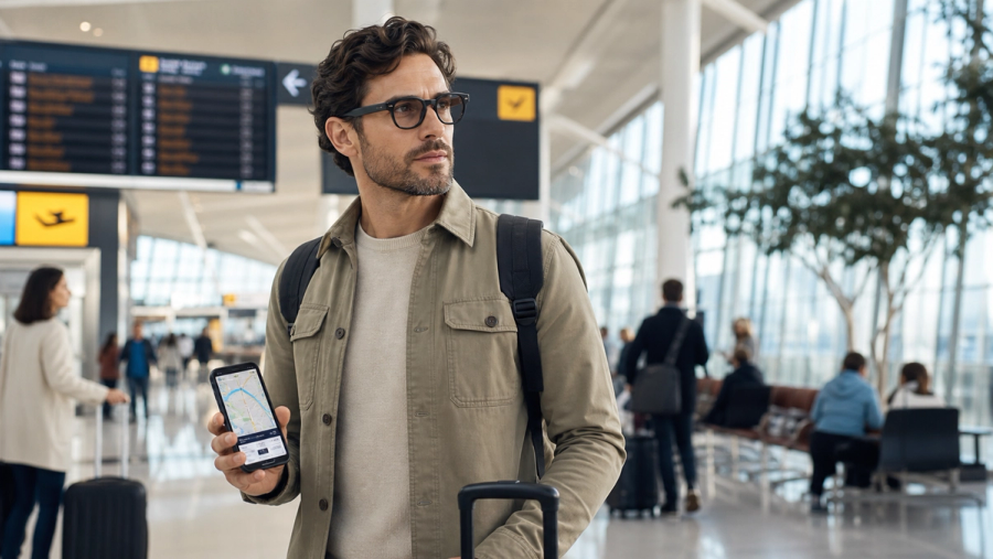 Traveller comparing AI glasses with a smartphone at an airport