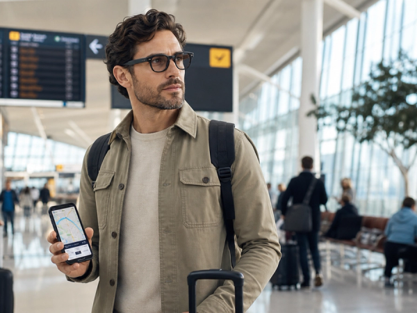 Traveller comparing AI glasses with a smartphone at an airport