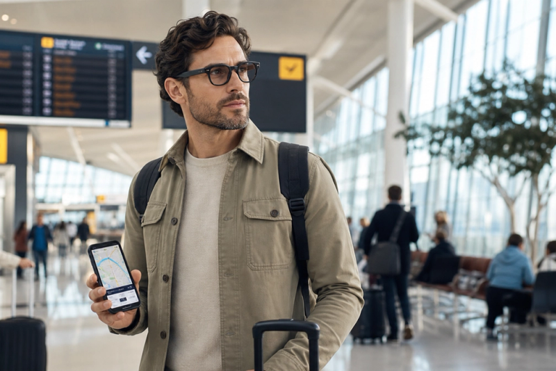 Traveller comparing AI glasses with a smartphone at an airport