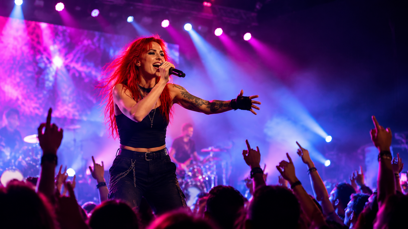 Rock concert audience watches a red-haired singer under magenta lights