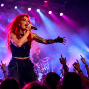 Rock concert audience watches a red-haired singer under magenta lights
