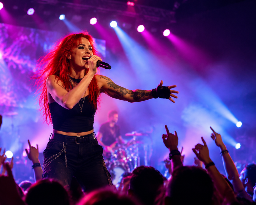 Rock concert audience watches a red-haired singer under magenta lights