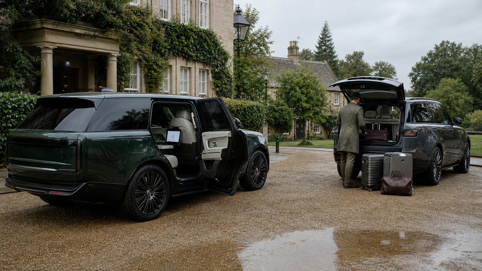 Two unbranded ultra-luxury SUVs outside a country hotel with luggage and rear-seat workspace