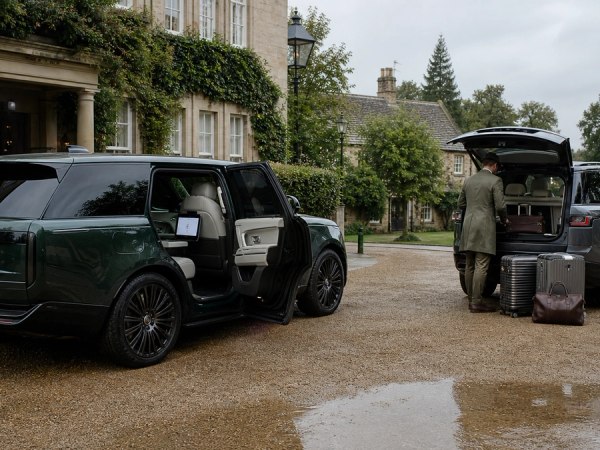 Two unbranded ultra-luxury SUVs outside a country hotel with luggage and rear-seat workspace