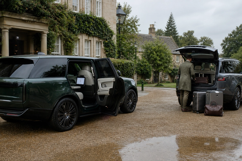 Two unbranded ultra-luxury SUVs outside a country hotel with luggage and rear-seat workspace