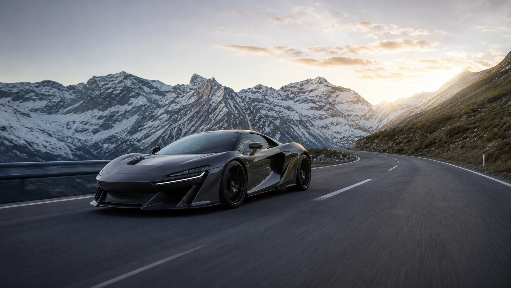 Unbranded supercar driving on an alpine road at first light