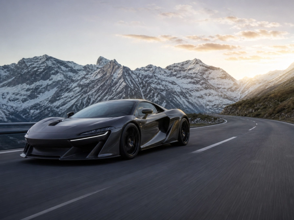 Unbranded supercar driving on an alpine road at first light