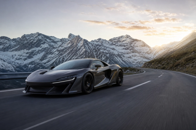 Unbranded supercar driving on an alpine road at first light