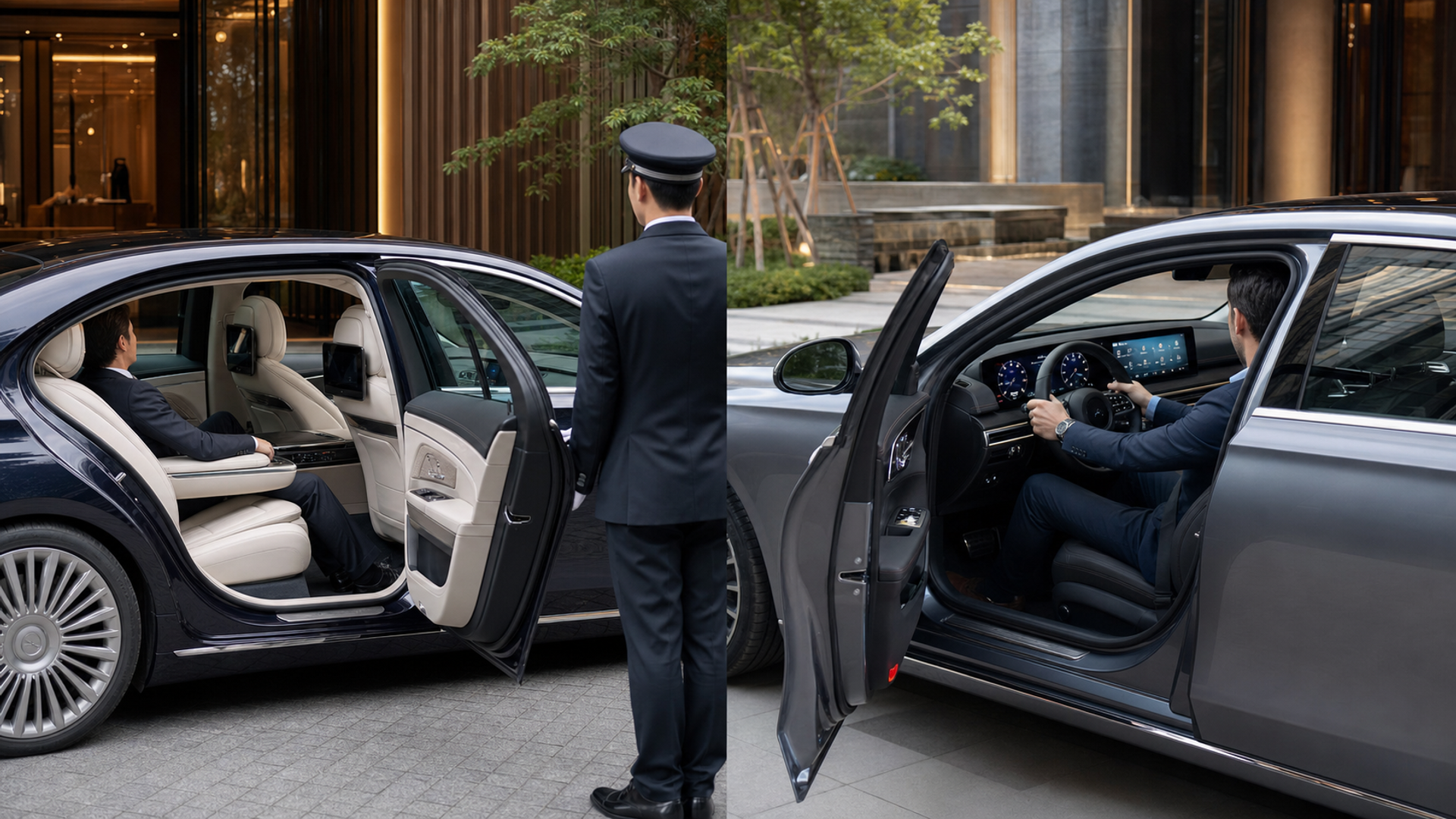 Two flagship sedans compared from rear-seat and driver-seat perspectives