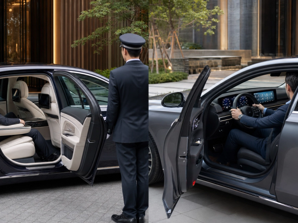 Two flagship sedans compared from rear-seat and driver-seat perspectives