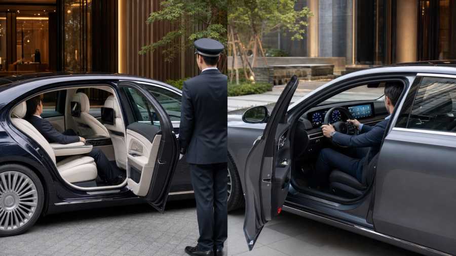 Two flagship sedans compared from rear-seat and driver-seat perspectives