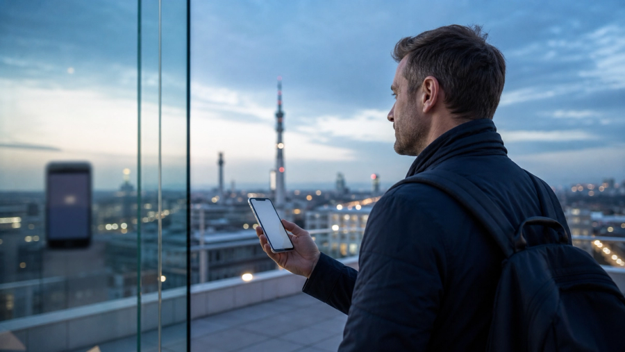 Buyer holding a current smartphone beside city telecom infrastructure while considering whether to wait for 6G.