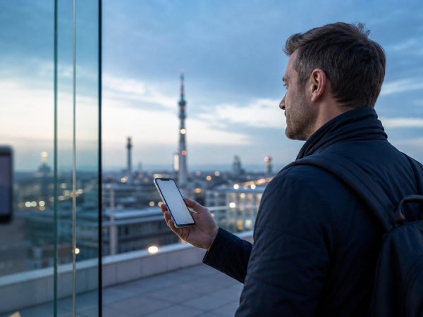Buyer holding a current smartphone beside city telecom infrastructure while considering whether to wait for 6G.