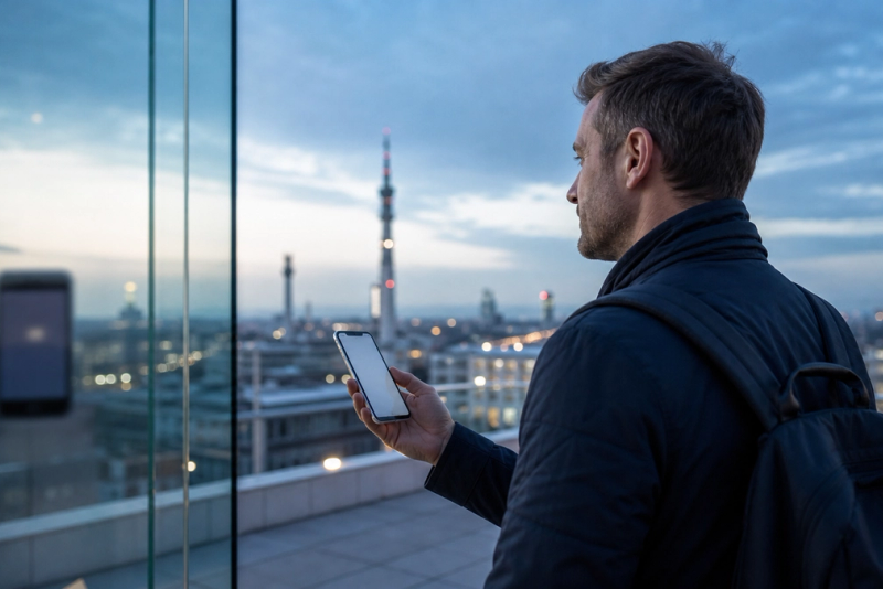 Buyer holding a current smartphone beside city telecom infrastructure while considering whether to wait for 6G.
