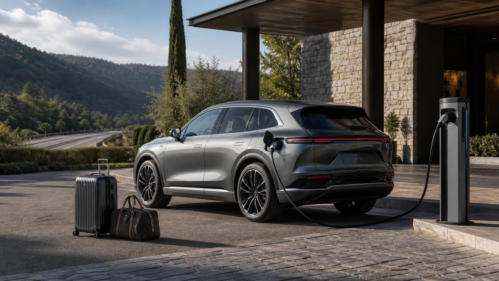 Electric SUV charging before a long-distance journey