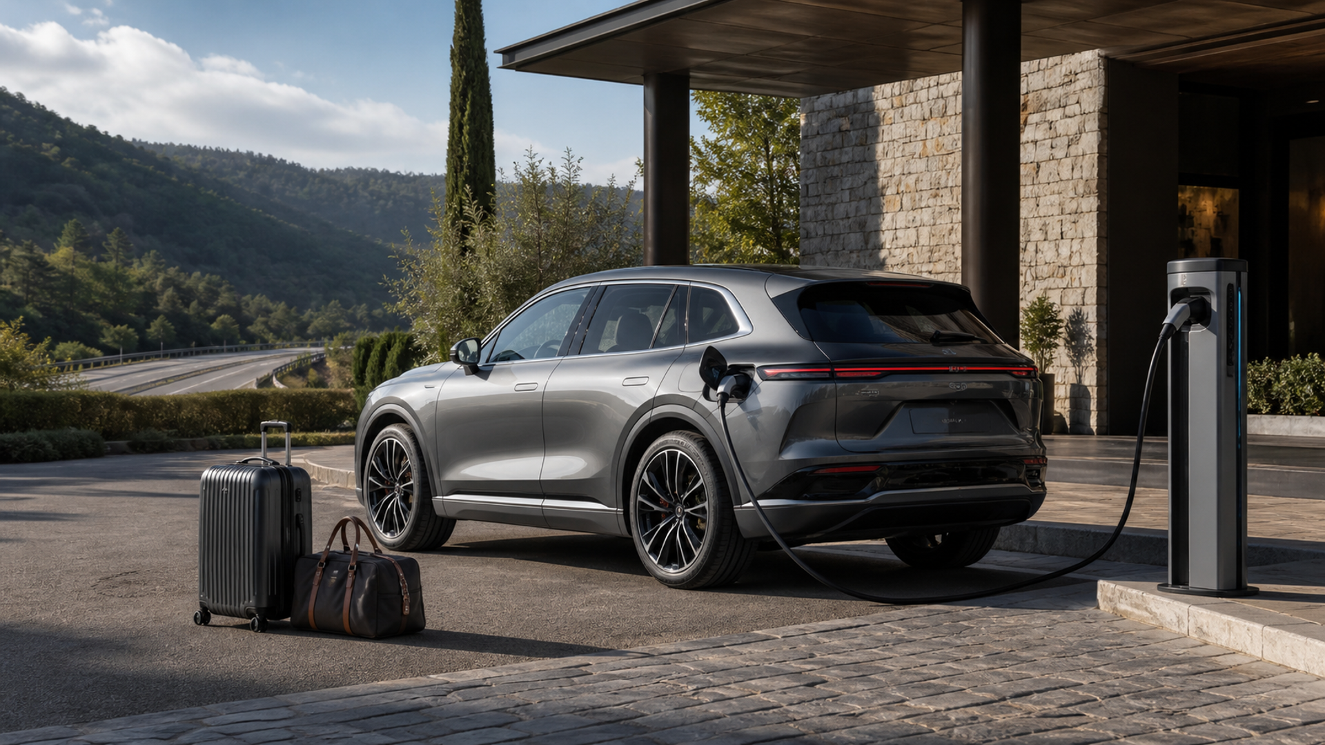Electric SUV charging before a long-distance journey