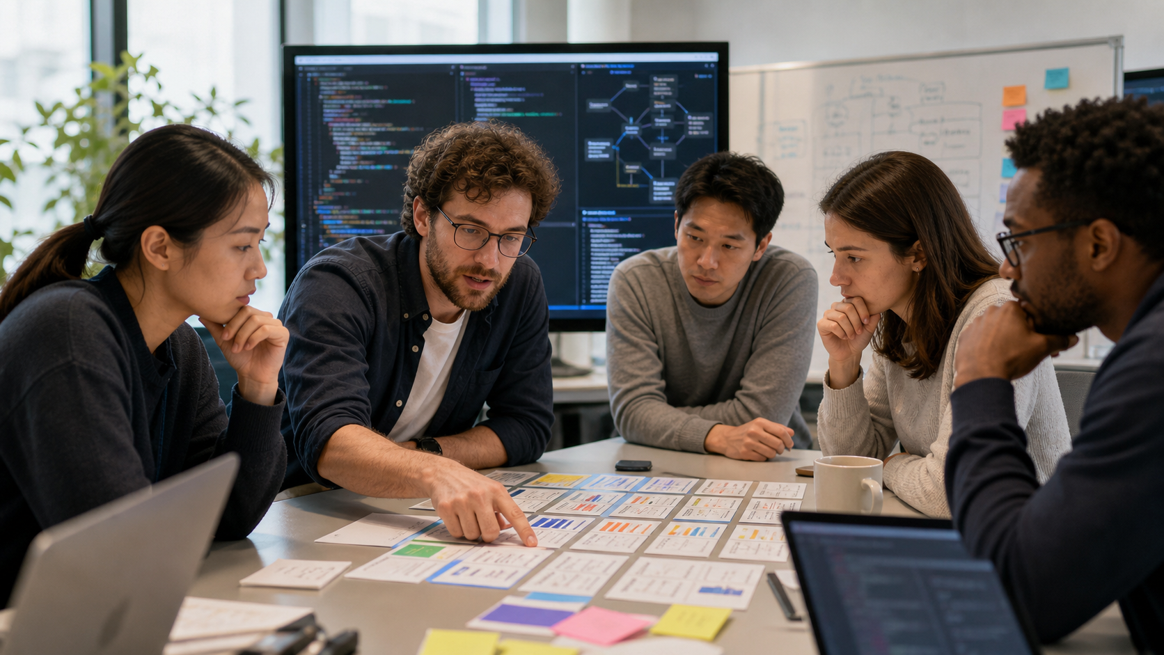 A professional comparing three AI model workload cards on a large display in a bright modern studio