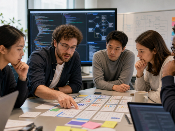 A professional comparing three AI model workload cards on a large display in a bright modern studio