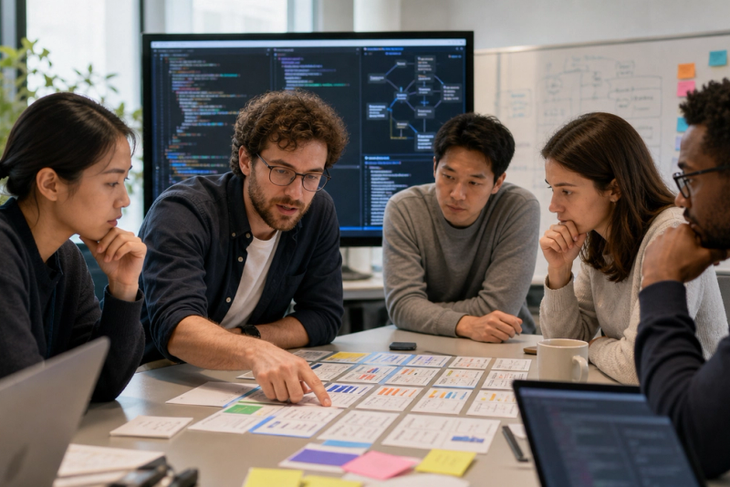 A professional comparing three AI model workload cards on a large display in a bright modern studio