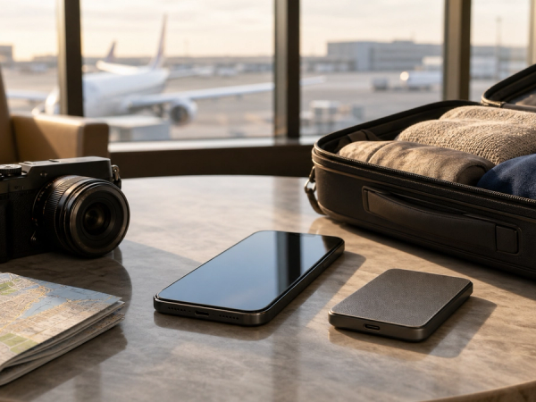 Smartphone, portable storage and travel equipment arranged on an airport lounge table