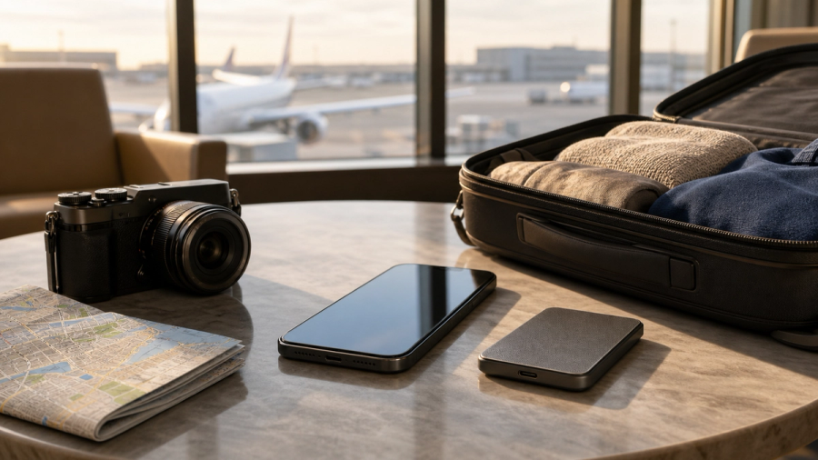 Smartphone, portable storage and travel equipment arranged on an airport lounge table
