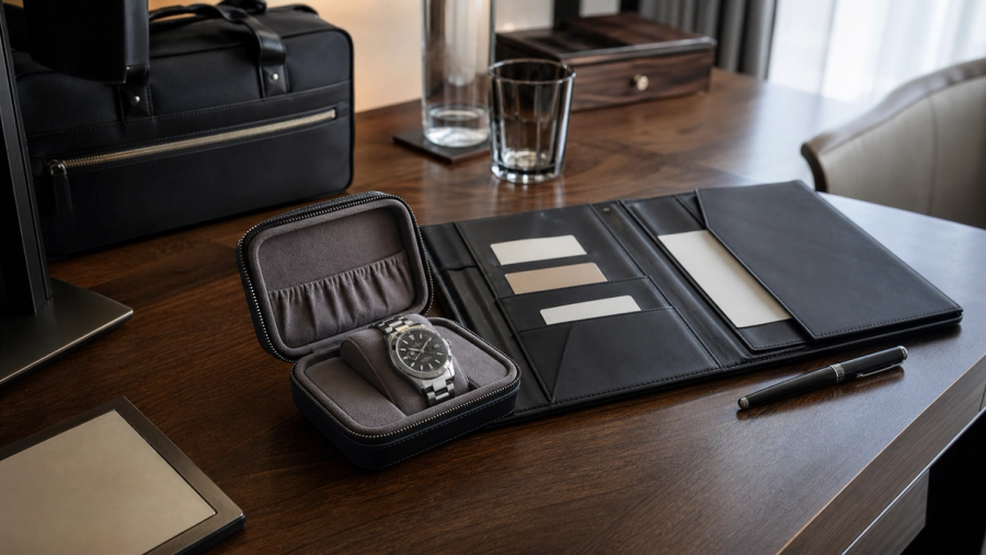 Luxury watch, travel case and ownership documents prepared before an international trip