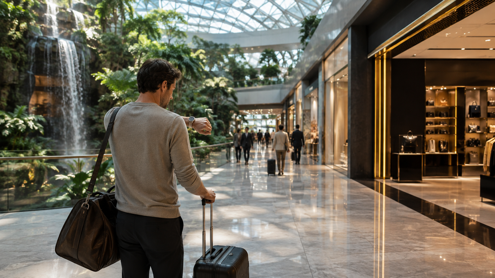 Traveller timing a focused shopping route during a short layover at a glass-and-garden airport complex
