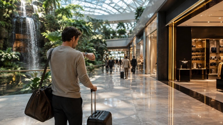 Traveller timing a focused shopping route during a short layover at a glass-and-garden airport complex