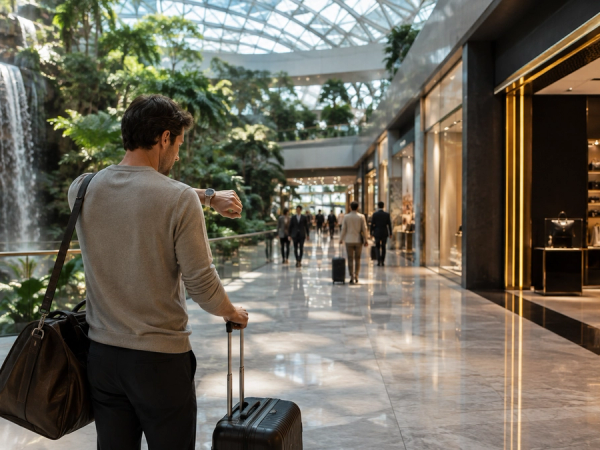 Traveller timing a focused shopping route during a short layover at a glass-and-garden airport complex
