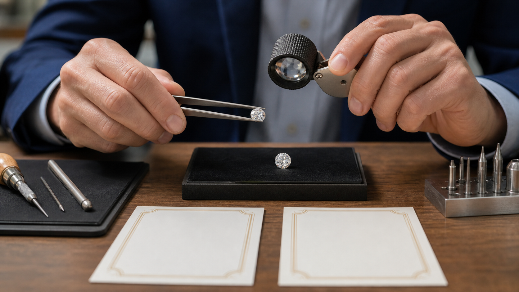 Gemologist comparing natural and laboratory-grown diamonds with grading tools