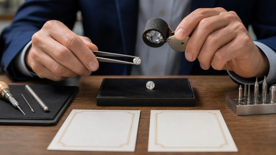 Gemologist comparing natural and laboratory-grown diamonds with grading tools
