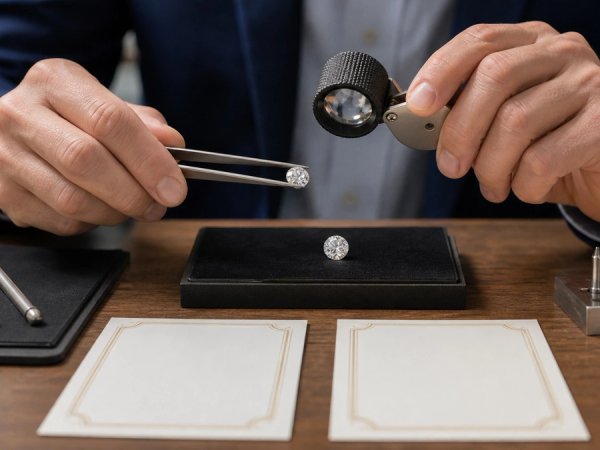 Gemologist comparing natural and laboratory-grown diamonds with grading tools