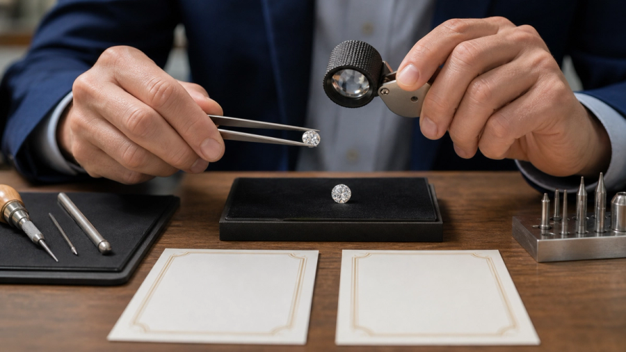 Gemologist comparing natural and laboratory-grown diamonds with grading tools