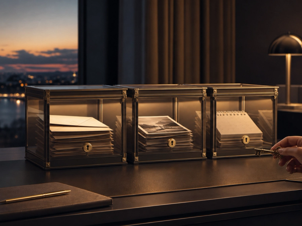 Editorial concept image of private AI permissions using three sealed glass compartments