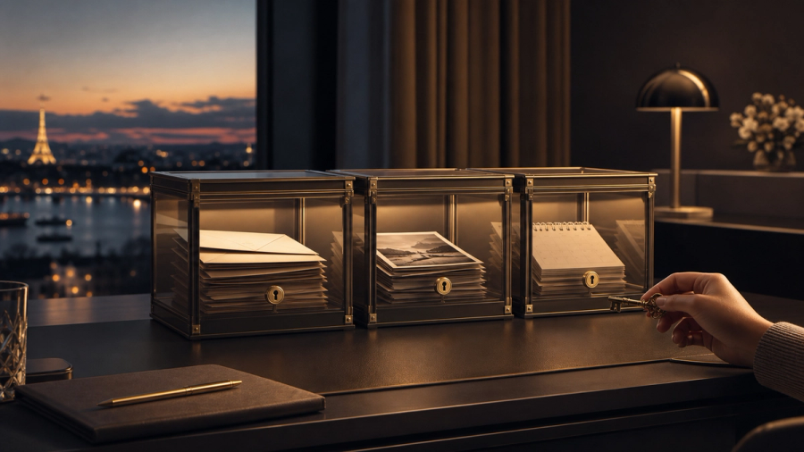 Editorial concept image of private AI permissions using three sealed glass compartments