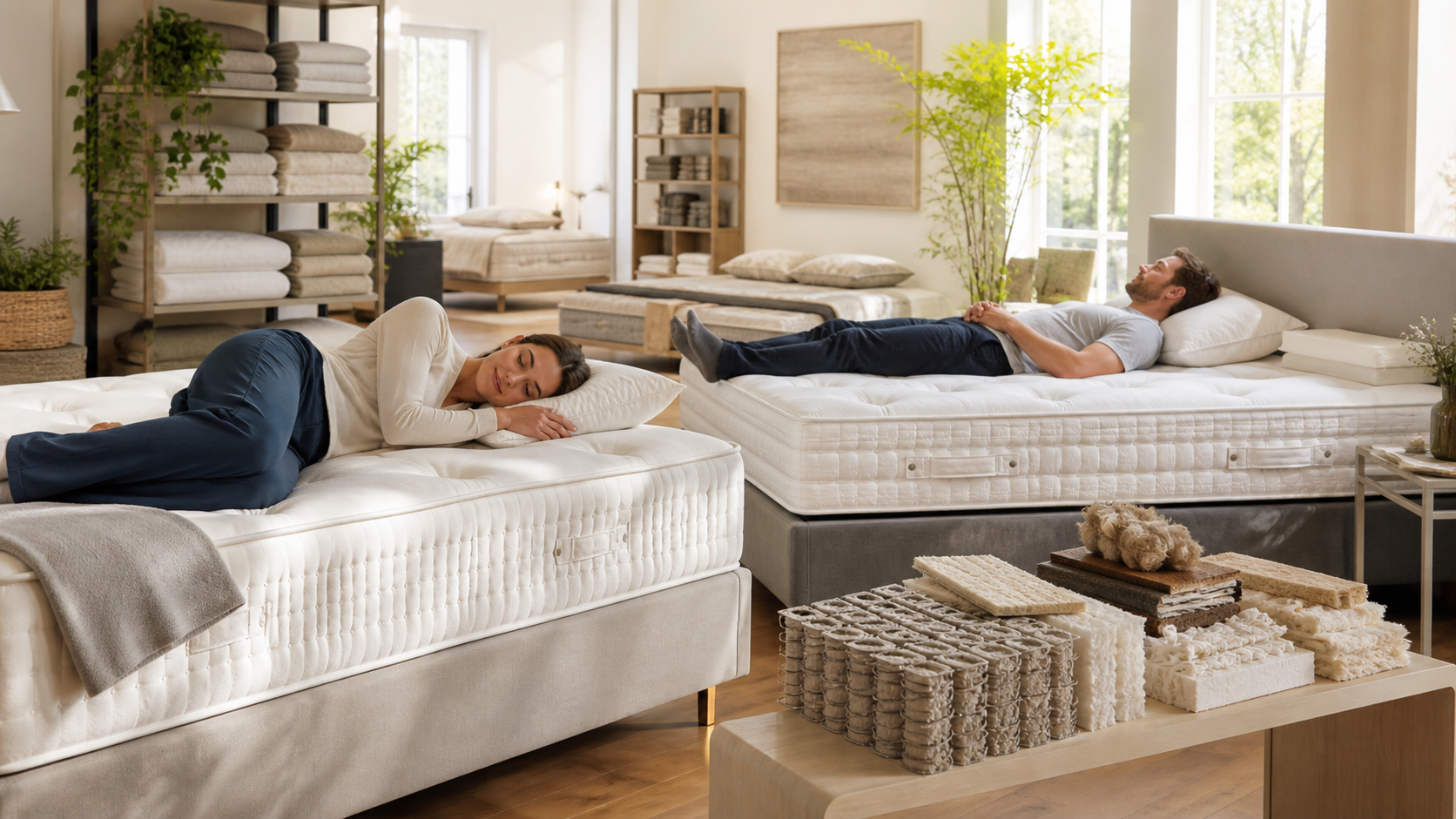 Two buyers testing mattress support beside natural-fibre construction samples
