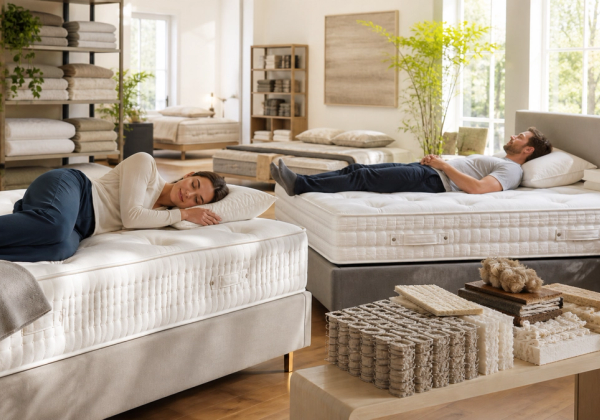 Two buyers testing mattress support beside natural-fibre construction samples