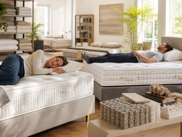 Two buyers testing mattress support beside natural-fibre construction samples
