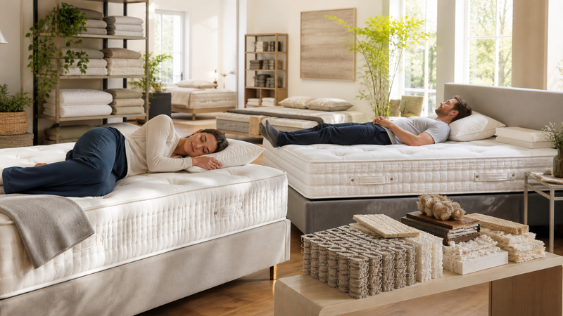 Two buyers testing mattress support beside natural-fibre construction samples