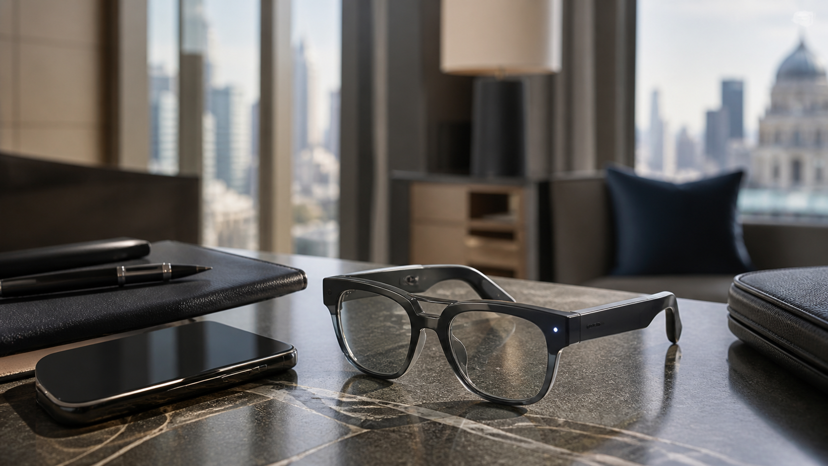 Smart glasses beside a phone on a business travel desk